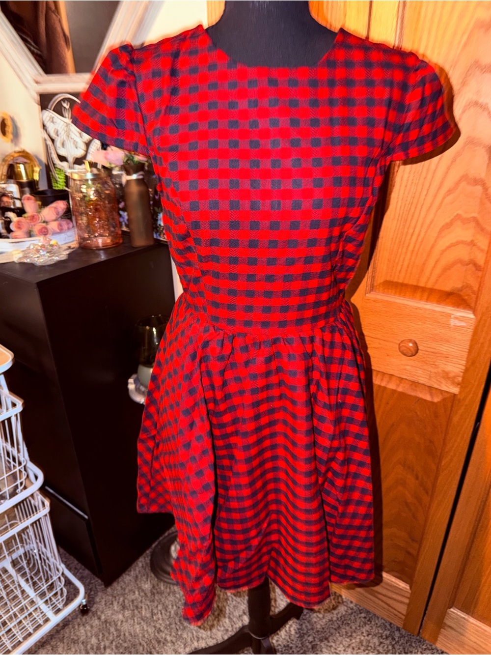 Red and Black Check Midi Fit-and-Flare Dress - Picture 3 of 10